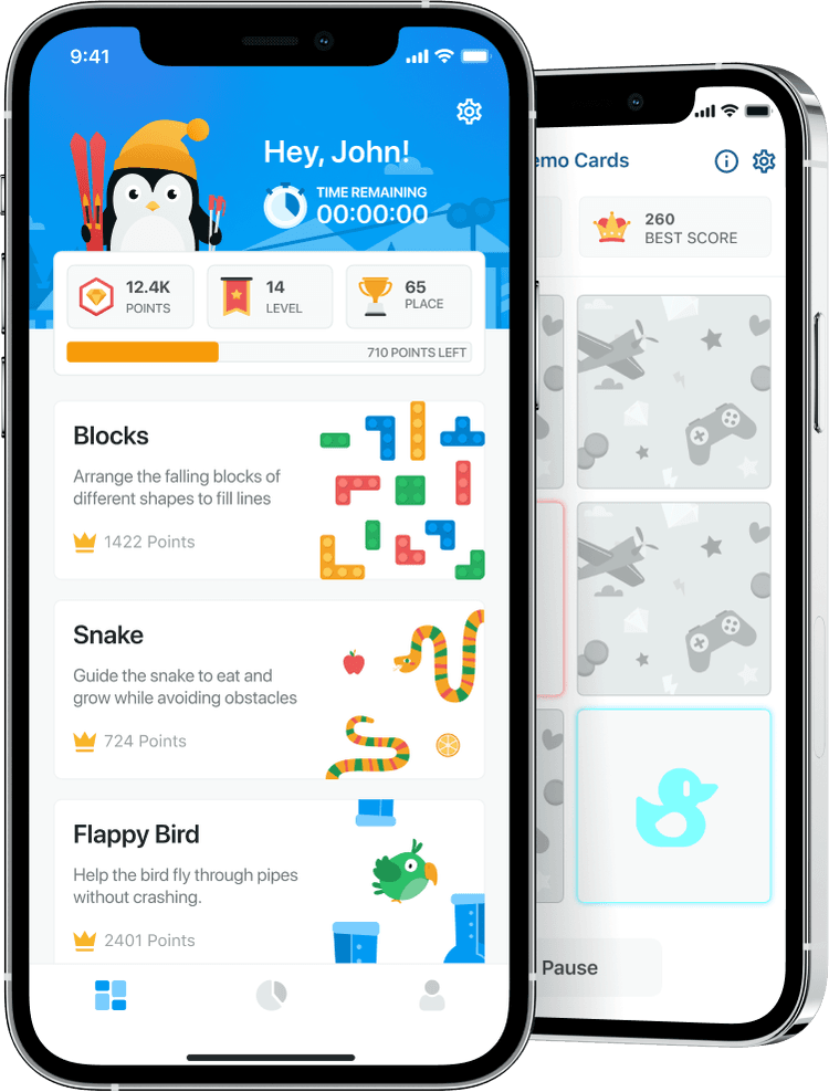 Two phones, one slightly behind another with the Gameblyo app opened on them